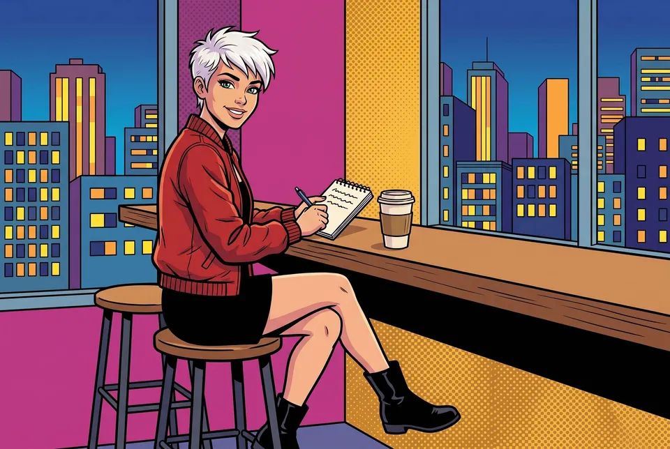 Comic drawing of the same young woman on a stool at a café counter, writing in a small notebook beside a paper coffee cup, city windows lit behind her.