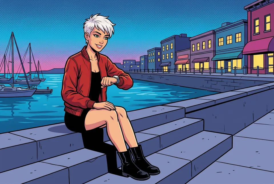 Comic drawing of the same young woman sitting on waterfront steps at dusk, glancing at her wristwatch, boats and lit shopfronts behind her.