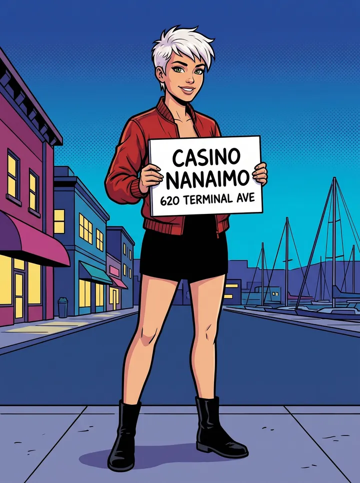 Comic drawing of a young woman with spiky platinum hair, a red bomber jacket, a short black dress and black boots on a downtown sidewalk at night, holding a white board lettered “Casino Nanaimo, 620 Terminal Ave”.